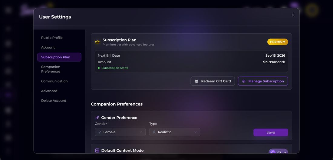 User settings panel showing an active Premium subscription at 19.99 dollars a month with the next bill date