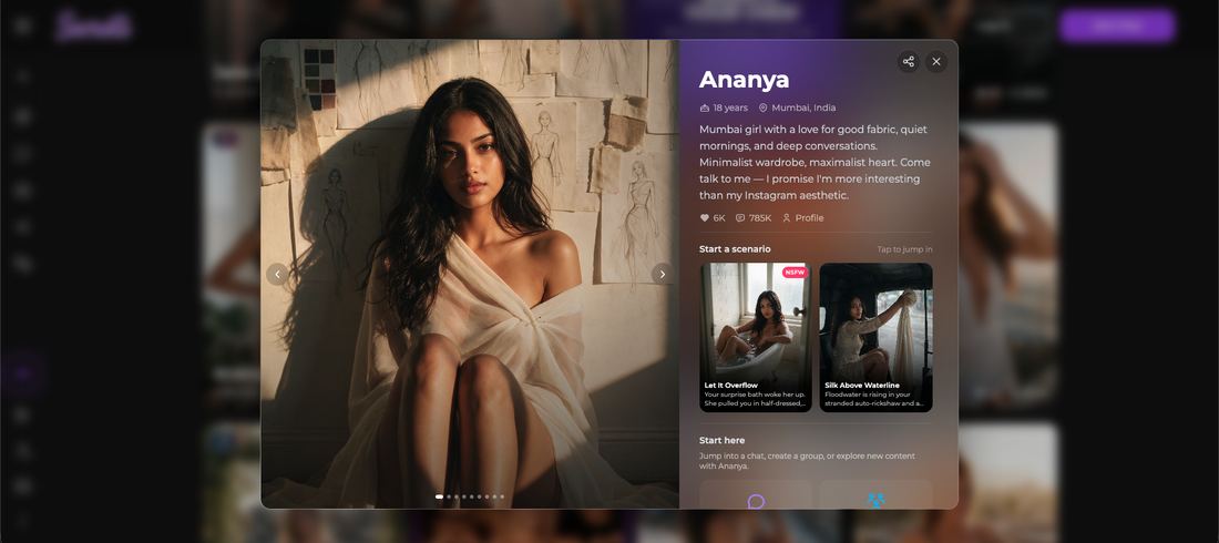Character profile modal for Ananya, an 18 year old companion from Mumbai, with her bio and two starter scenarios