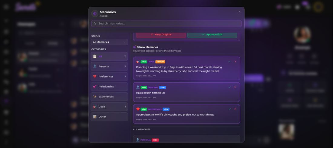 Memories panel showing seven saved memories, each tagged with a low, medium or high rank