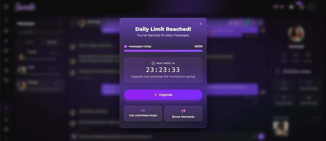 Modal reading Daily Limit Reached at 20 of 20 messages, with a countdown to the next reset and an upgrade button
